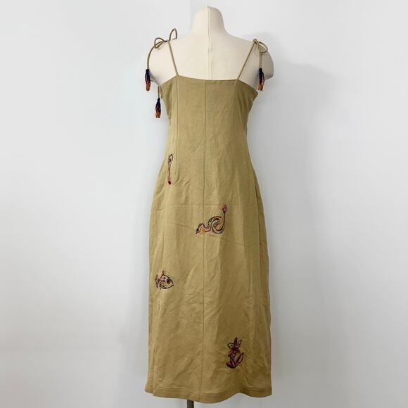 FARM Rio Embroidered Linen Blend Side Slit Midi Dress Ivory Beige M NWT - Picture 7 of 10